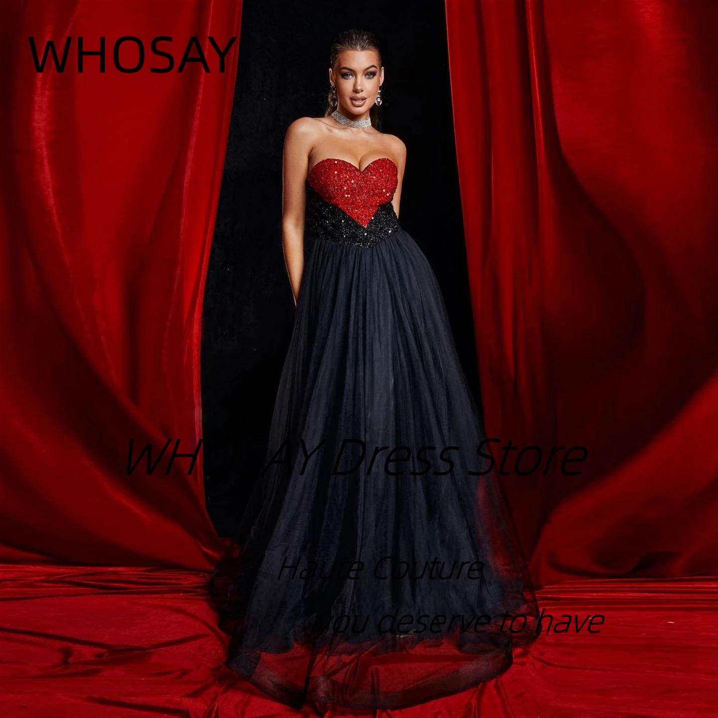 WHOSAY Bespoke Sweetheart Vestidos Des Prom Dresses Sexy Backless A Line Black Tulle Special Party Evening Gowns