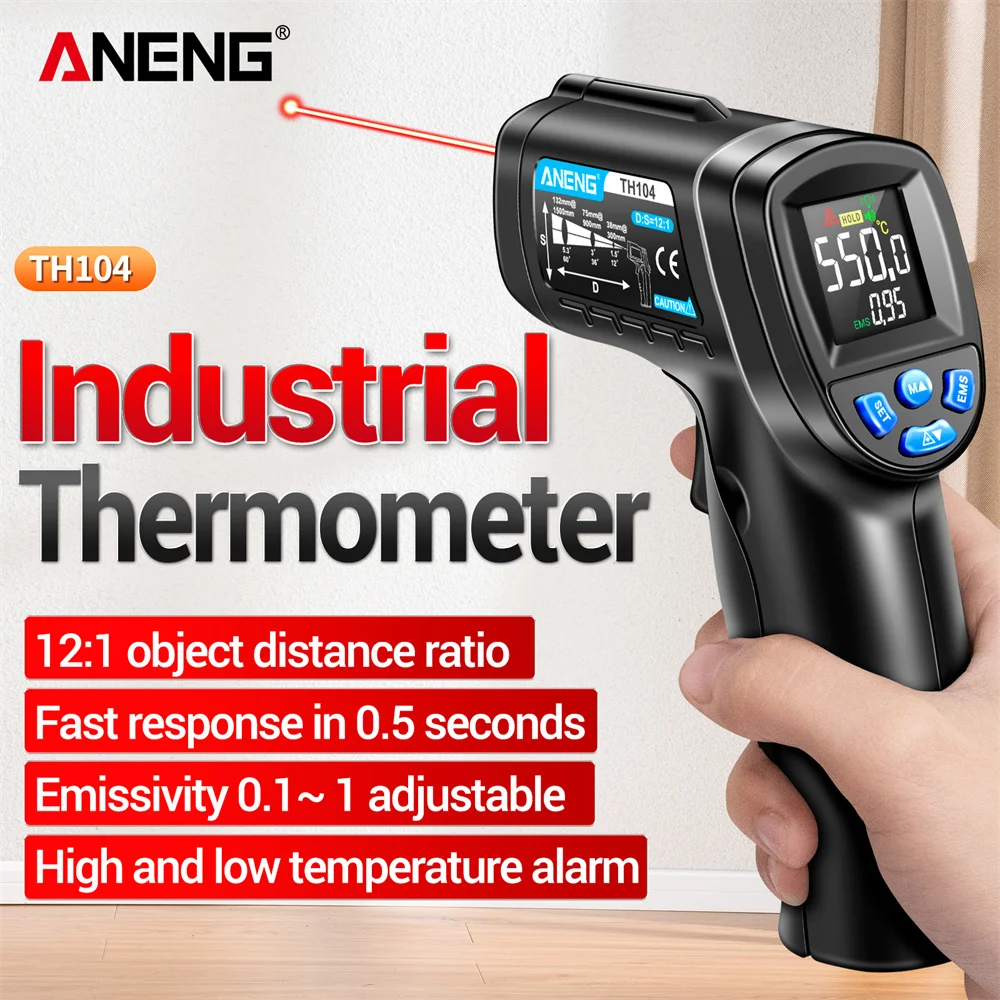

Лазерный инфракрасный термометр -50~550°C ℃ Термометр-пистолет ANENG TH104 VA с обратным дисплеем, бесконтактный, для электриков и бытового использования