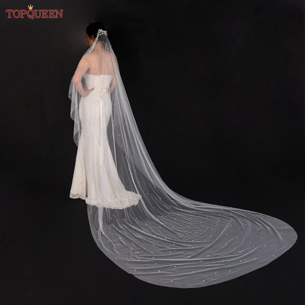 TOPQUEEN-Sheer Tulle Bridal Veil, Headband Pérola, 3m Long, Acessórios Do Casamento Da Catedral, V207, Pretty