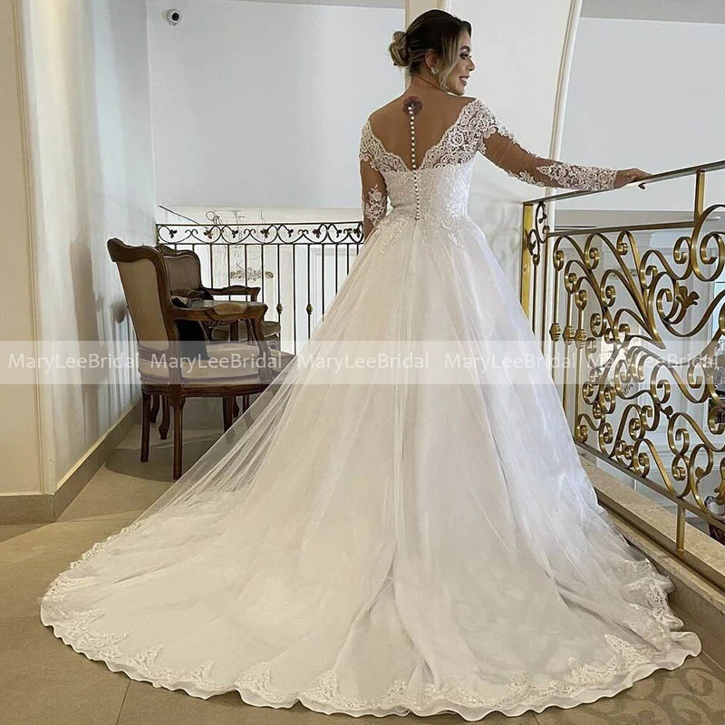 Princess V-neck White Wedding Dress with Long Sleeves Illusion Buttons Back Brazil Bride Dresses Custom Sweep Train Bridal Gowns