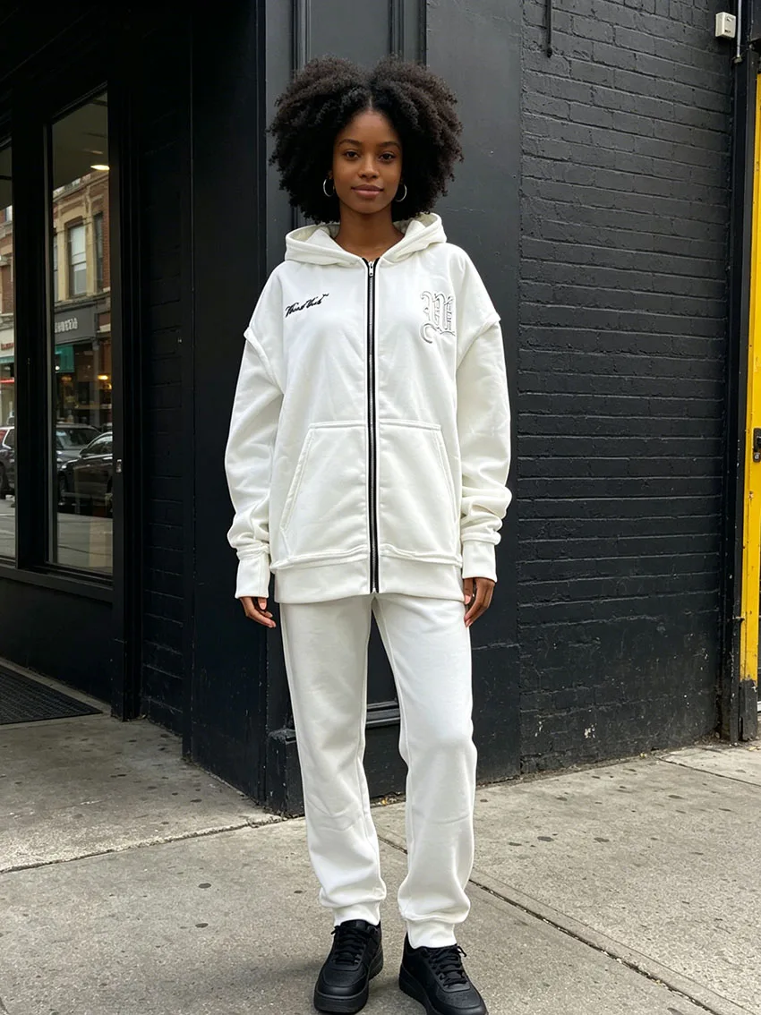 Sudaderas con capucha con cremallera para mujer Y2K, en blanco y negro, con bordado Old English, letras grandes de diamantes de imitación, estampado en la espalda y ribete sin rematar.