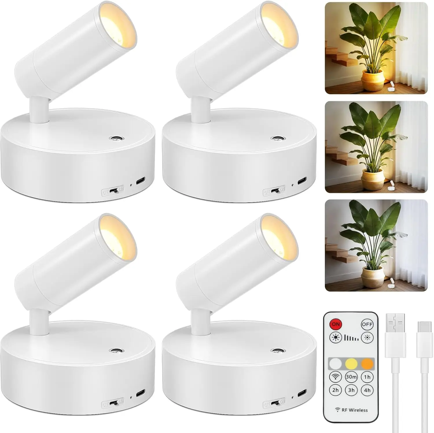 

Rechargeable Indoor Spotlights with Remote, Timer, Dimmable for Wall Art Display (4 Pack)