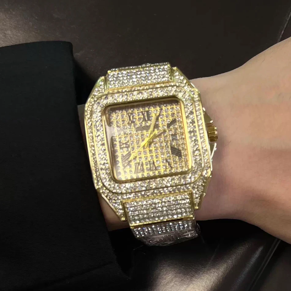Gold or Black Watch Ice Out Square Wristwatch For Men Top Brand Luxury Full Diamond Mens Watches Waterproof Hip Hop Clock view 3