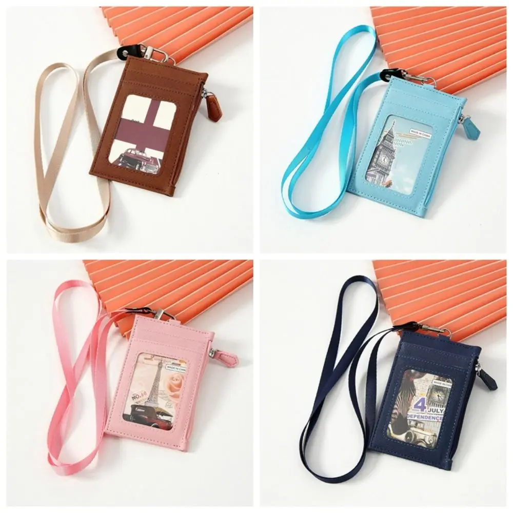 

PU Leather Card Badge Holder Neck Lanyard Zipper Pocket Student Card Bag Work Business Coin Purse ID Card Holder Bus Bank Card