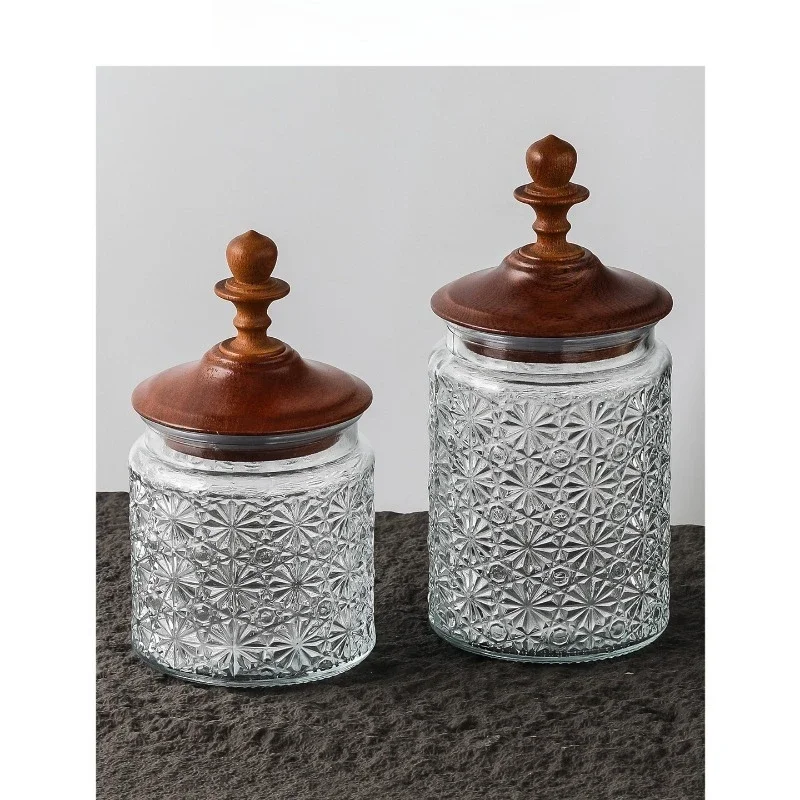 French Vintage Glass Storage Jar with Wooden Lid, Large Capacity 24cm Airtight Container for Tea ,Pantry Organization Decoration