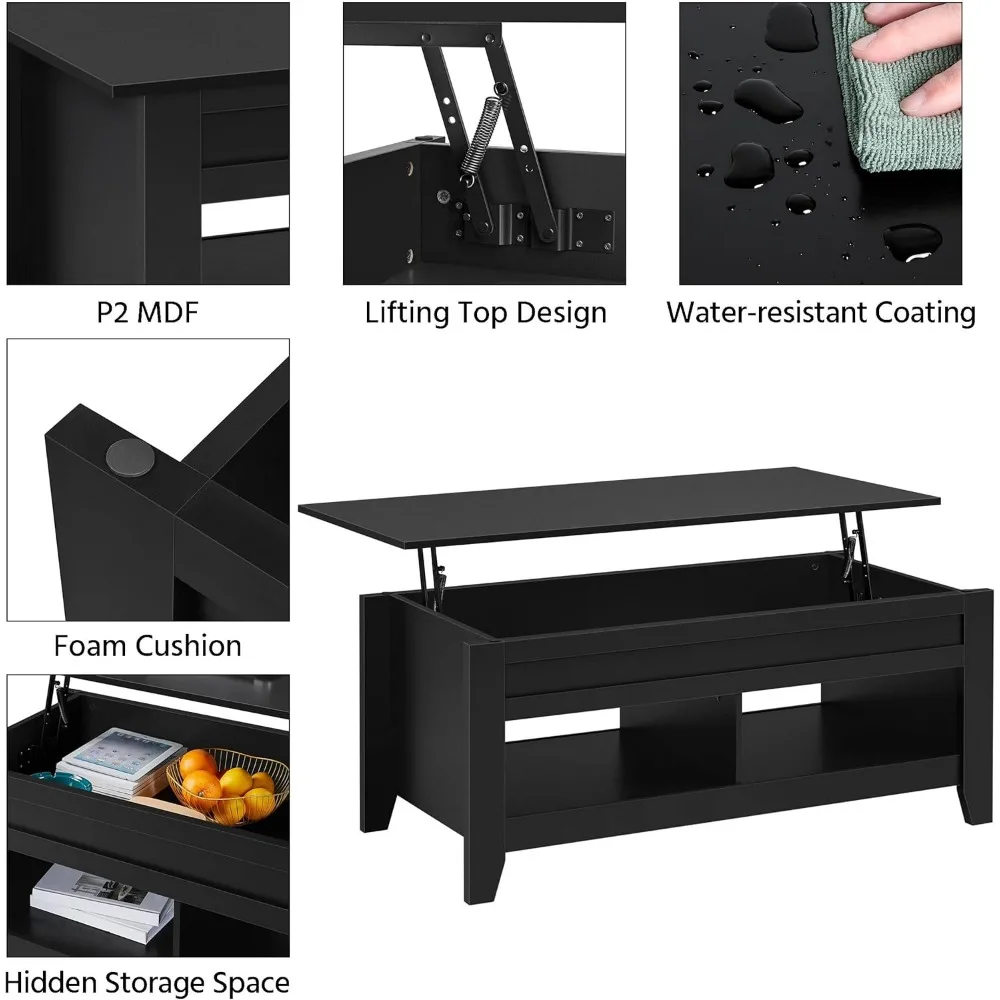 Zestaw stolików Yaheetech: stolik kawowy 121 cm i 2 stoliki boczne, stolik kawowy z podnoszonym blatem i schowkiem oraz 3-poziomowy stolik pomocniczy z schowkiem.