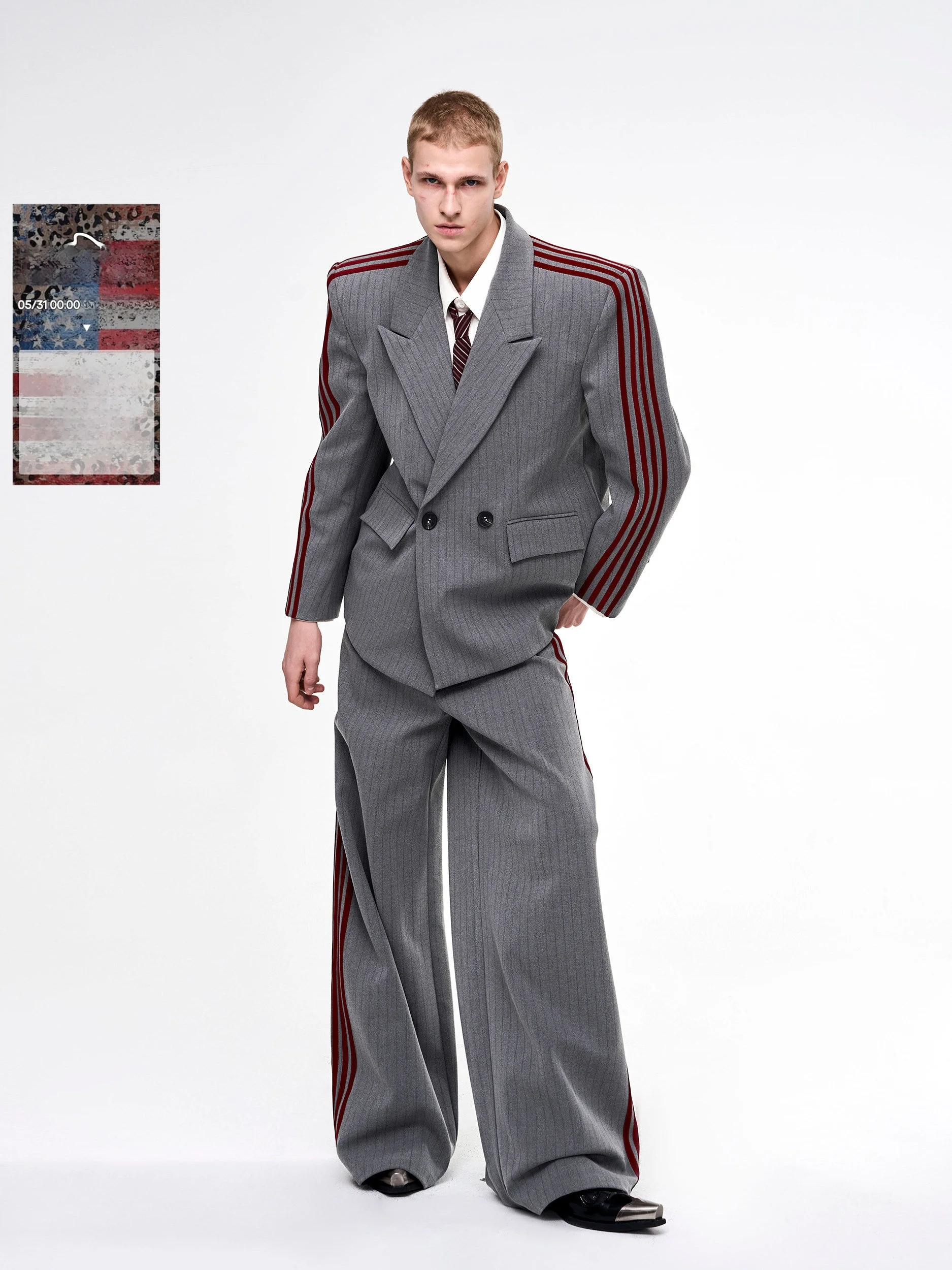 

Gray Vertical Striped Men's Suit Jacket with Shoulder Pads Autumn Season Double Row Buttons Casual Style Polyester Cotton Blend