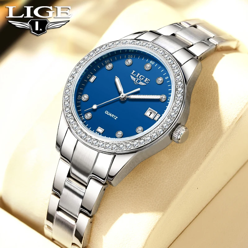 LIGE 2025 Diamond Women's Watch Fashion Elegant Quartz Wristwatches Waterproof Steel Strap Watch For Ladies Gifts Reloj Mujer