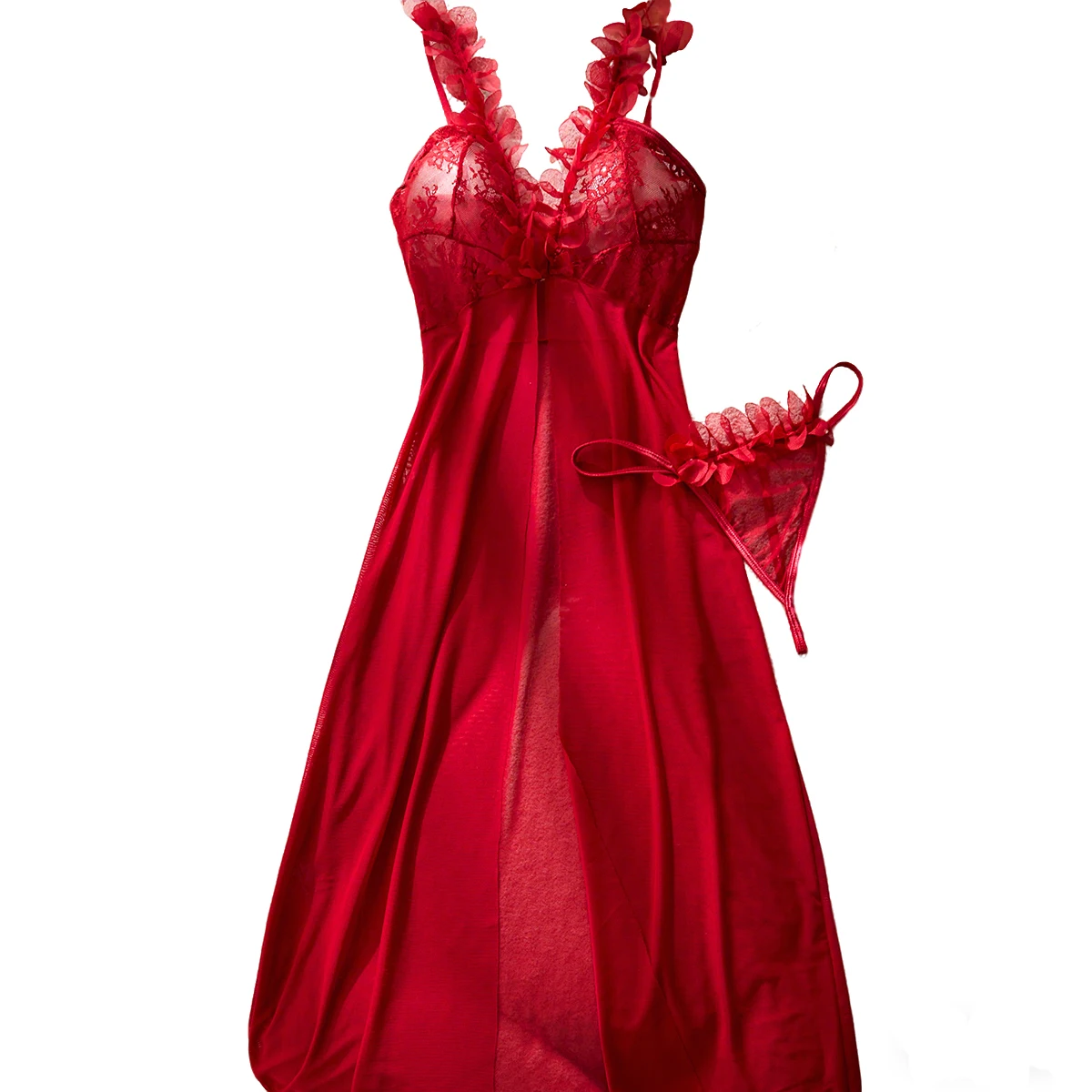 

Sexy Lace Lingerie For Women Exotic Costumes Babydoll Transparent Dress Nightdress Front Chest Button Thongs Mid-calf Elegant