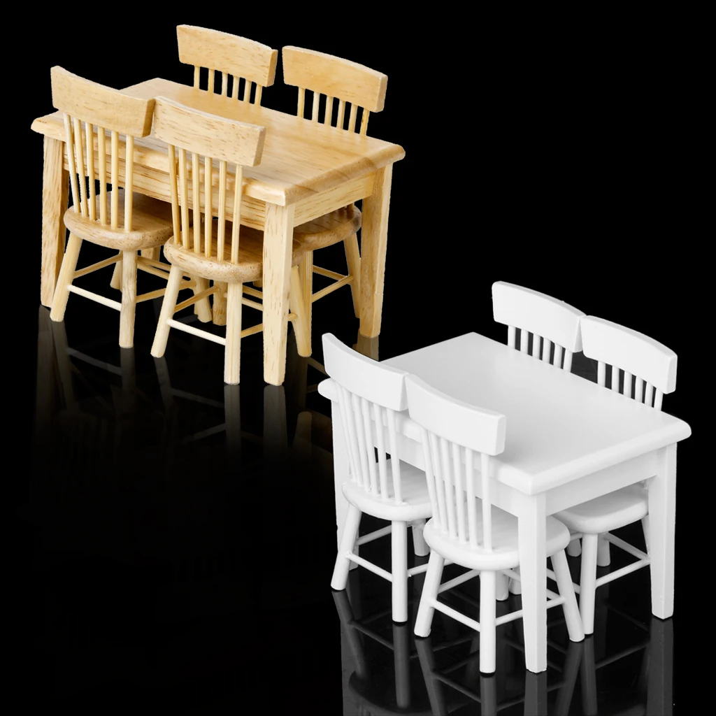 5pcs Wooden Table Chairs 1/12 Doll House Kitchen Room Ornaments Accessory