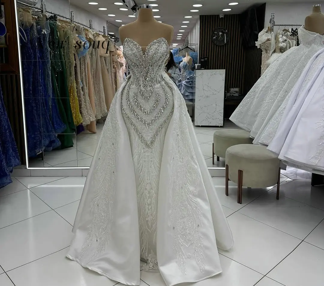 

2 In 1 Crystals Sweetheart Neck Evening Dresses Arabic Formal Wedding Engagement Events Party Gowns Elegant for Women Customized