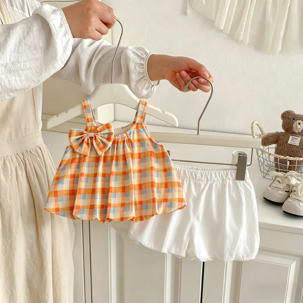 2pc/Set Baby Girl Set Summer Plaid Cute Top Shorts Girls' Clothing Sweet Beach Children's Set Baby Clothing