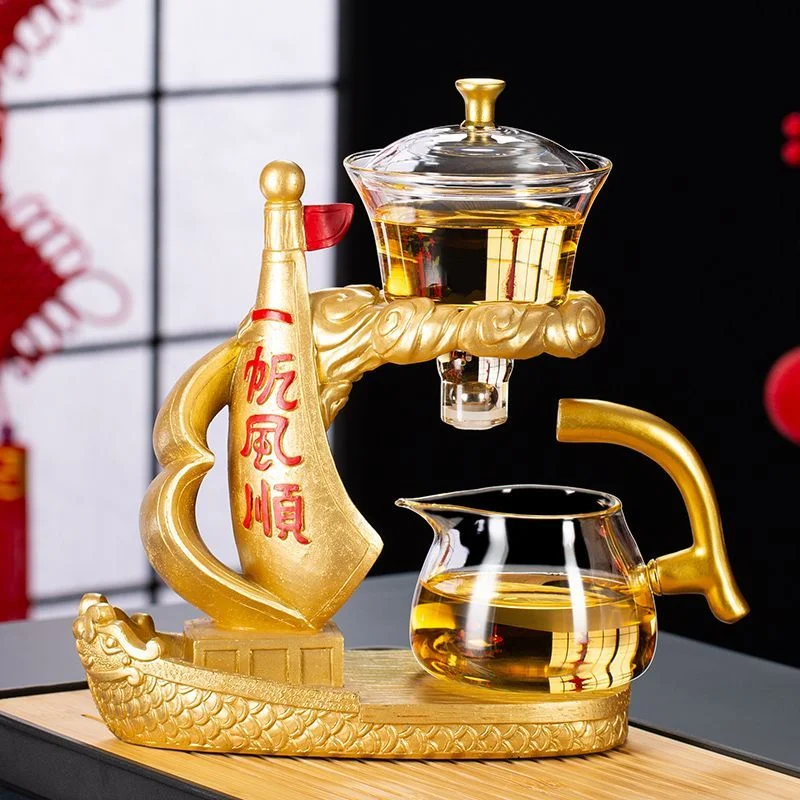 Glass Tea Set Smooth Sailing Gold Magnetic Self Brewing Teapot Gift