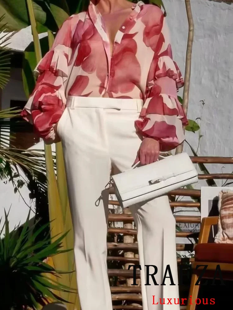 

TRAFZA Chic Casual Printing Women BlouseTierred Long Sleeve Single Breasted Loose Blouse Fashion 2025 Spring Summer Shirts