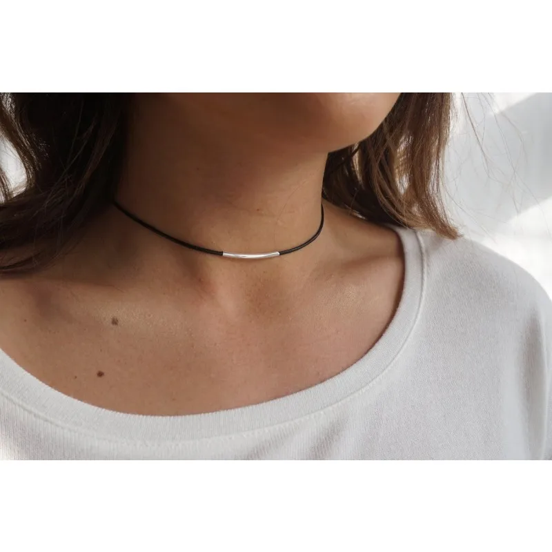 Japan and Korea Black Leather Rope Metal Tube Necklace Female Short Neck Collar Necklace Choker Female Clavicle