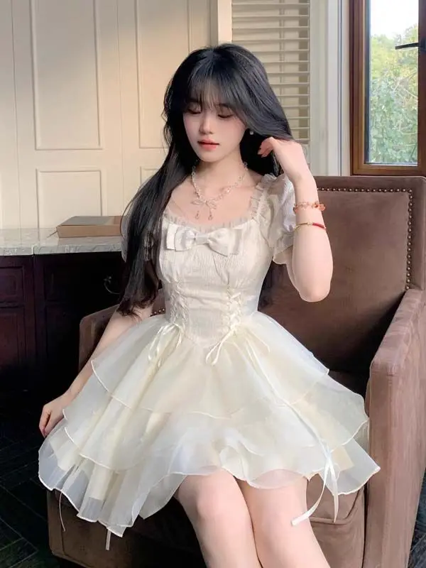 Lolita Kawaii Sweet Y2K Mini Robe pour Femme, Manches Courtes, Robe de Soirée Élégante, Japonaise, Décontractée, Mode Coréenne, Été