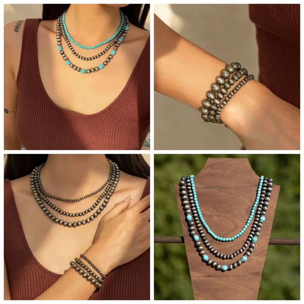 3Pcs/Set CCB Multilayer Navajo Necklaces Goth Bead Western Country Necklaces Clavicle Chain Jewelry Bohemian Style Bracelets