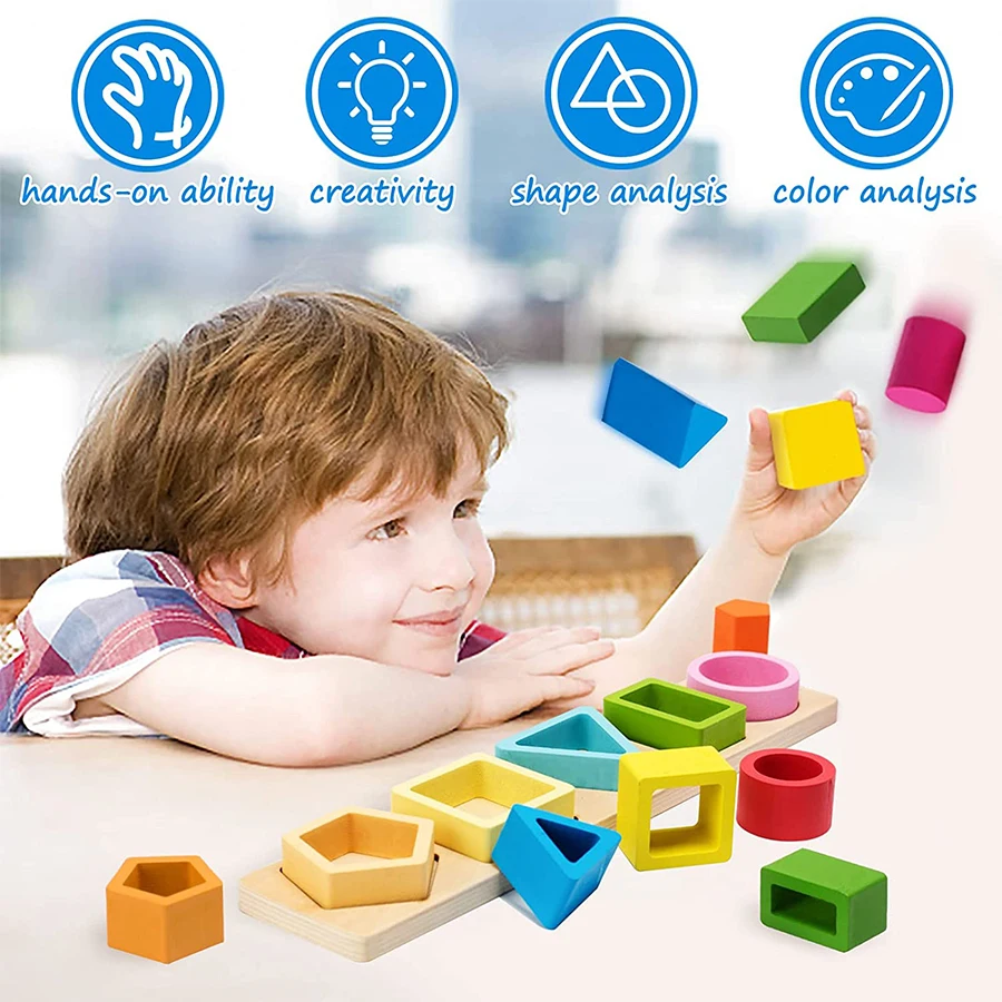 Montessori Wooden Geometric Shape Five Sets of Columns Blocks Assembling Children's Enlightenment Early Education Puzzle Toys