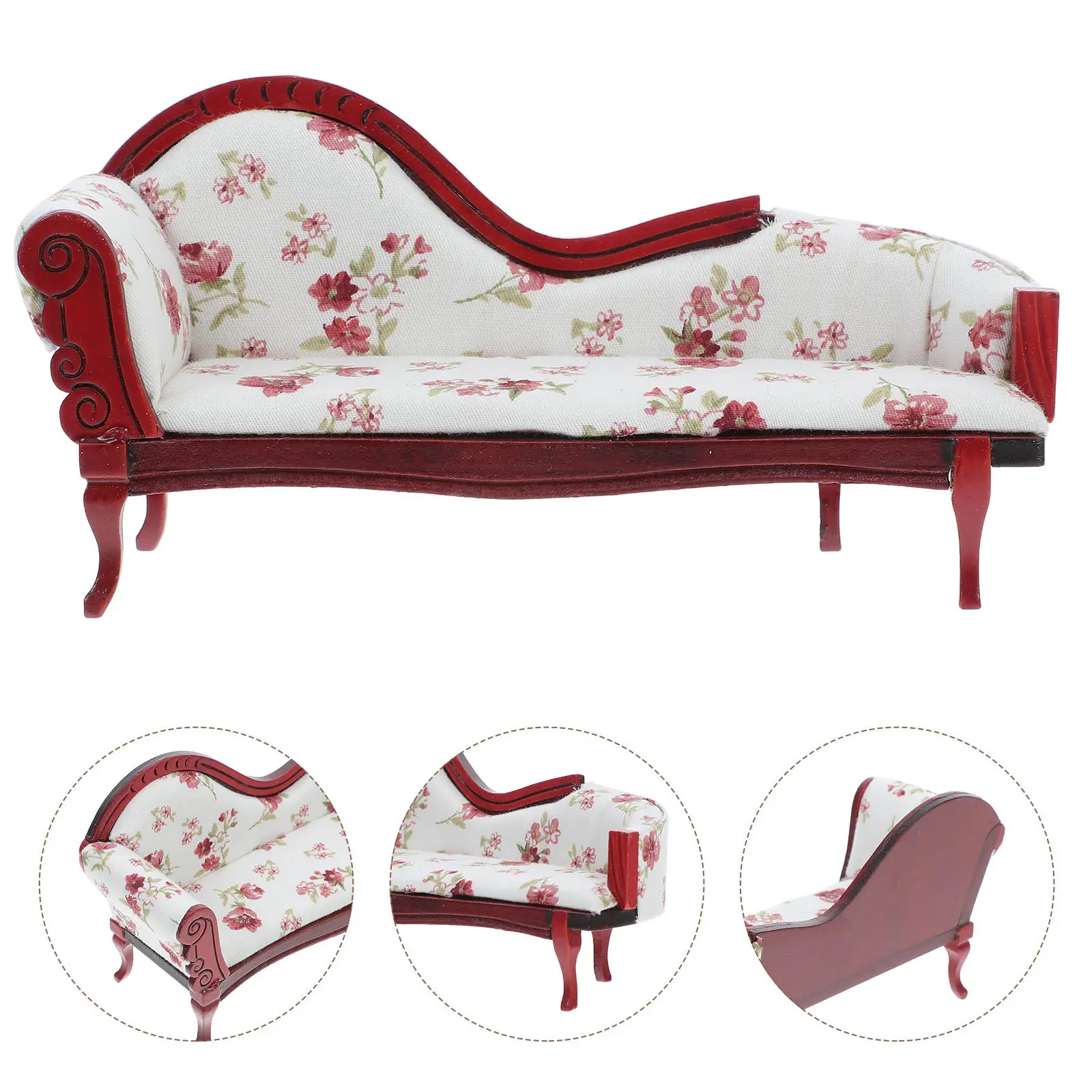 

1 12 Scale Vintage Miniature Chaise Lounge Floral Upholstered Mini Sofa Furniture Accessory for Dollhouse Mini Wood Chaise