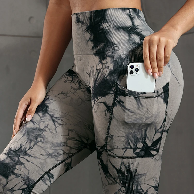 CHRLEISURE Women Tie Dye Yoga Pants with Pockets Push Up Sports Leggings High Waist Butt Lifting Fitness Tights Tracksuit