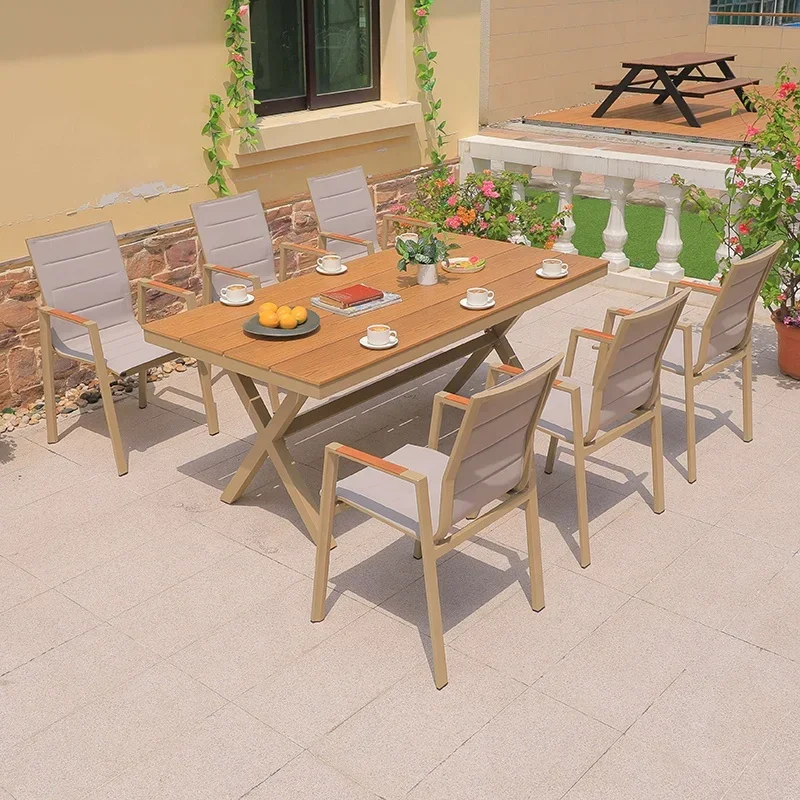 

# Modern Patio Cafe Plastic Wood 7 Piece Dining Set Furniture Outdoor Garden Porch Aluminum Table And 6 Seater Chairs #