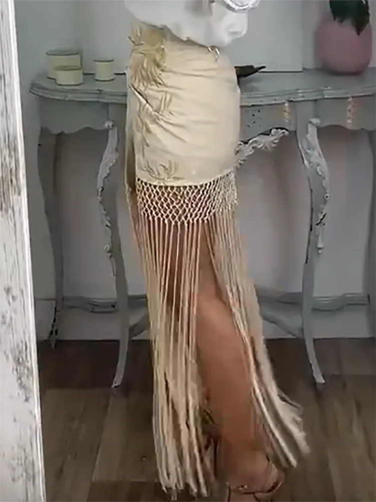 

Embroidered Tassel Hem Long Skirt Women Elegant Mesh Hollow Out Short Skirt 2025 Summer New Chic Female Beach Holiday Wear Skirt