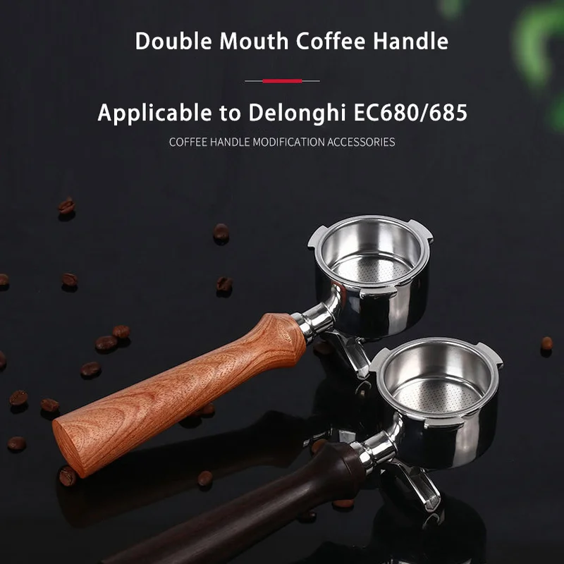 Coffee Portafilter Espresso Machine Accessory, Stainless Steel, Double Mouth, Wood Handle, 51mm, Delonghi EC680, 685