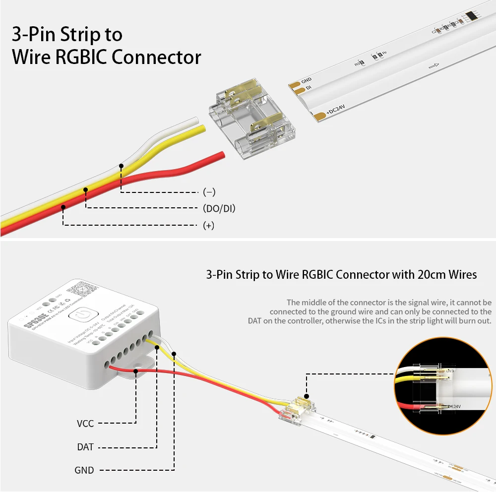 Gingsow 3 Pin Connector for 12mm RGBIC COB LED Strip Light Solderless Terminal Extension Connection Kit Dual End Connector