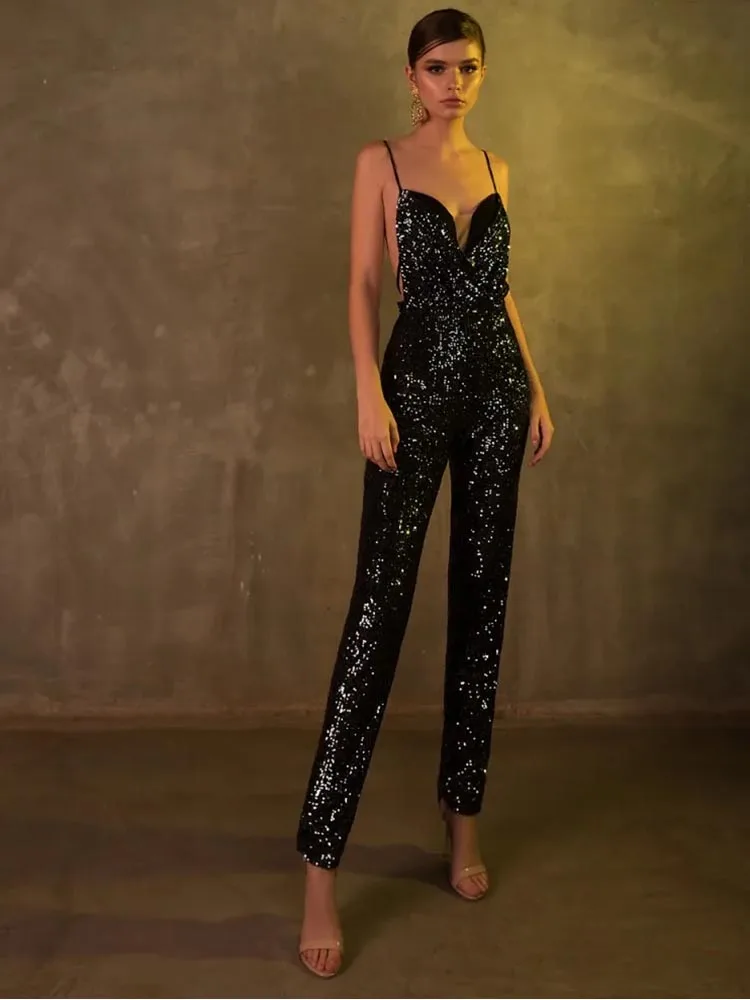 Black Sequined Jumpsuits Spaghetti Straps Wedding Guest Evening Cocktail Prom Homecoming Dresses for Bride Special Occasion