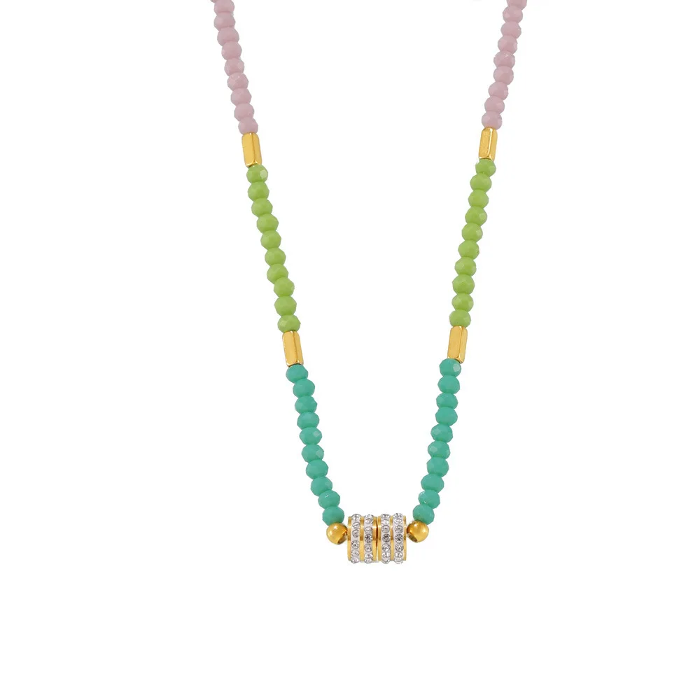 Colorful Natural Stone Beaded Necklace Women\'s 316 Stainless Steel Luxury Rhinestone Pendant Necklace Bohemian Jewelry Gift