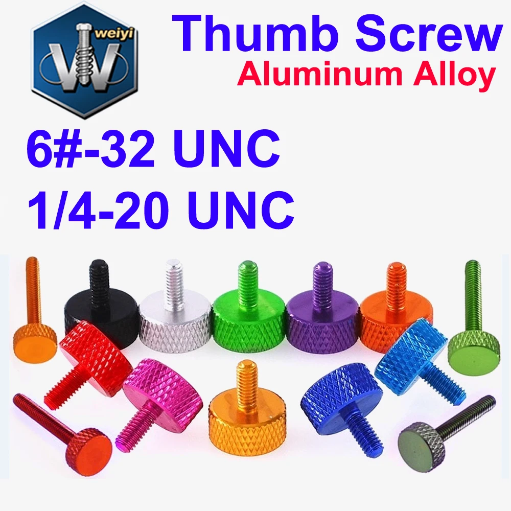 

Weiyi 6#-32 1/4-20 UNC GB835 Colorful Aluminum Knurled Thumb Screws Flat Head Hand-Tighten Hatching Screw