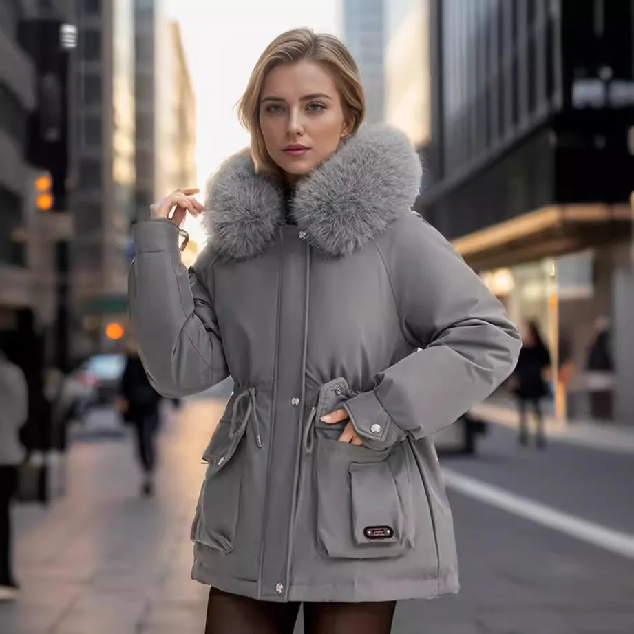 Casaco de inverno de pique engrossado feminino cintura emagrecimento com capuz jaqueta de algodão quente com gola de lã grande na moda