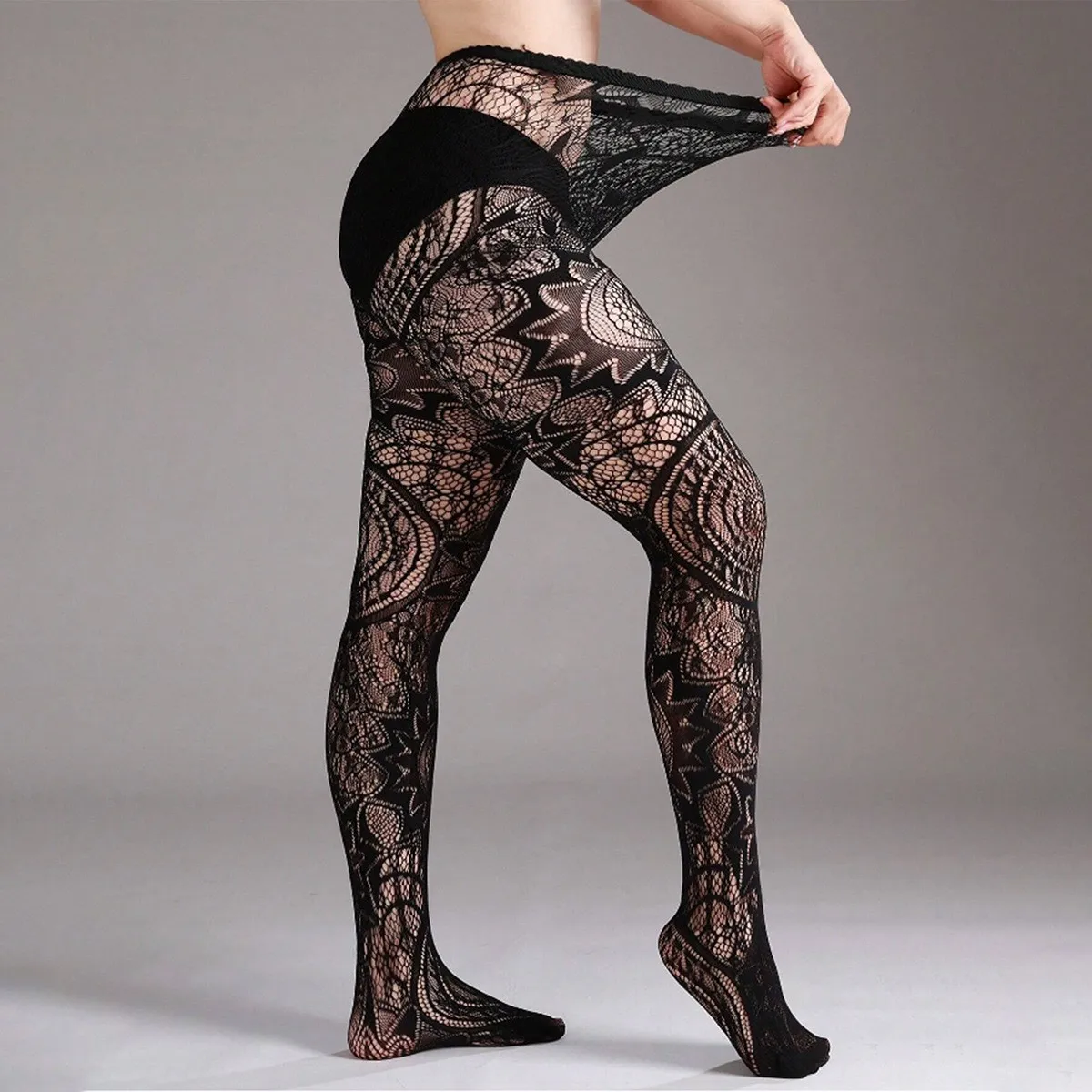 Schwarze Sexy Netzstrümpfe für Damen, Spitzenstrümpfe, Jacquard-Spitze, Gothic Punk Lolita Strumpfhose, Elastische Strümpfe