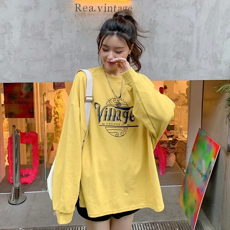 Autumn women hoodie Korean Style Medium-length Round Neck Sweatshirt Women's Loose-fit slimming Thin Long Sleeve Top Spring Coat