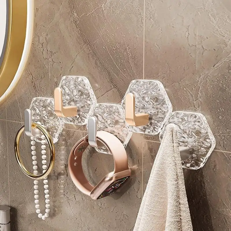 New 5 Pack Adhesive Wall Hooks Glacier Textured Strong Adhesion No Drilling For Bathroom Kitchen Towels Jewelry