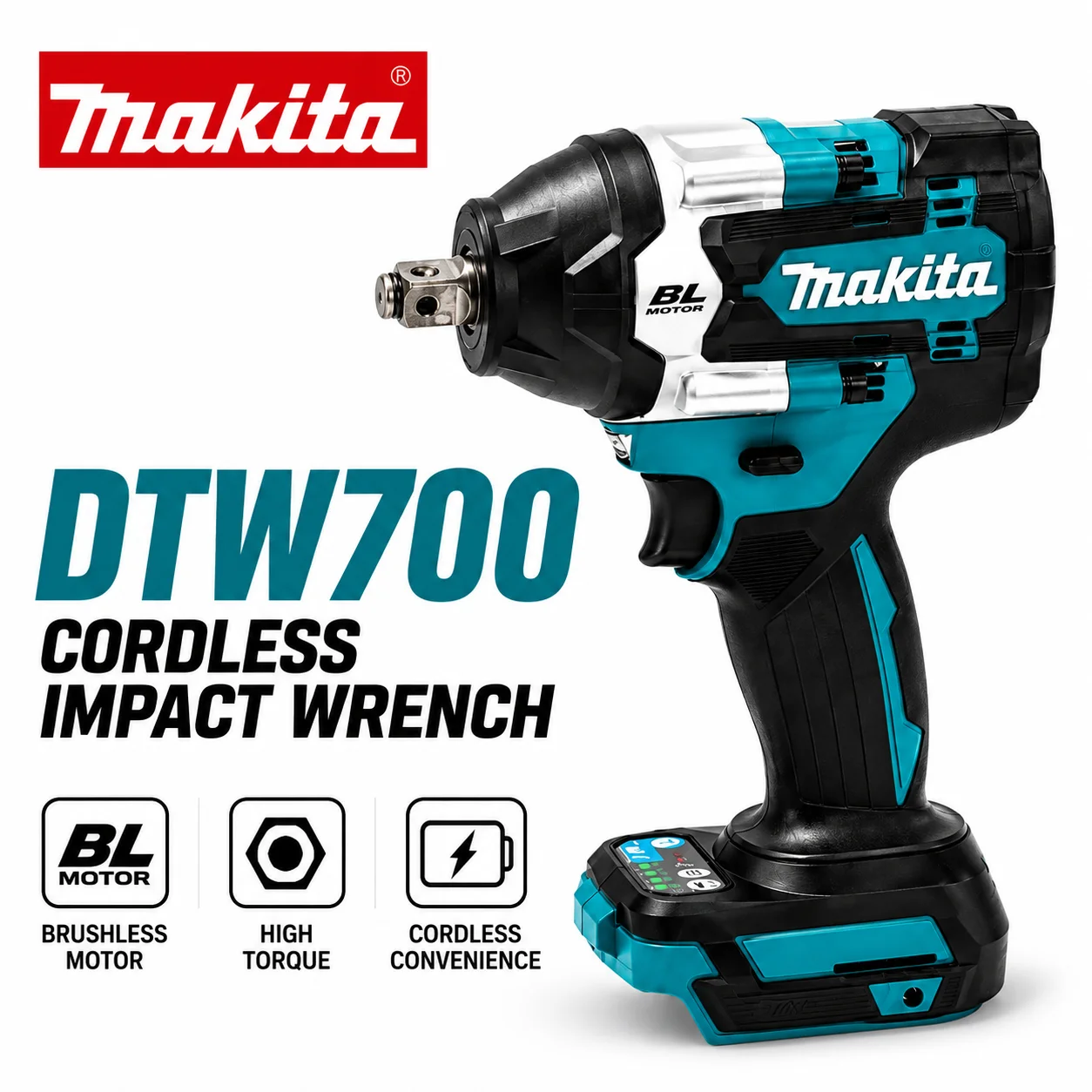 Makita DTW700 18V LXT Avvitatore a impulsi brushless 1/2" - Coppia massima di serraggio 700Nm e coppia di smontaggio dadi 1000Nm, potenza a 4 livelli, corpo compatto 170mm, doppio LED, XPT, incudine a