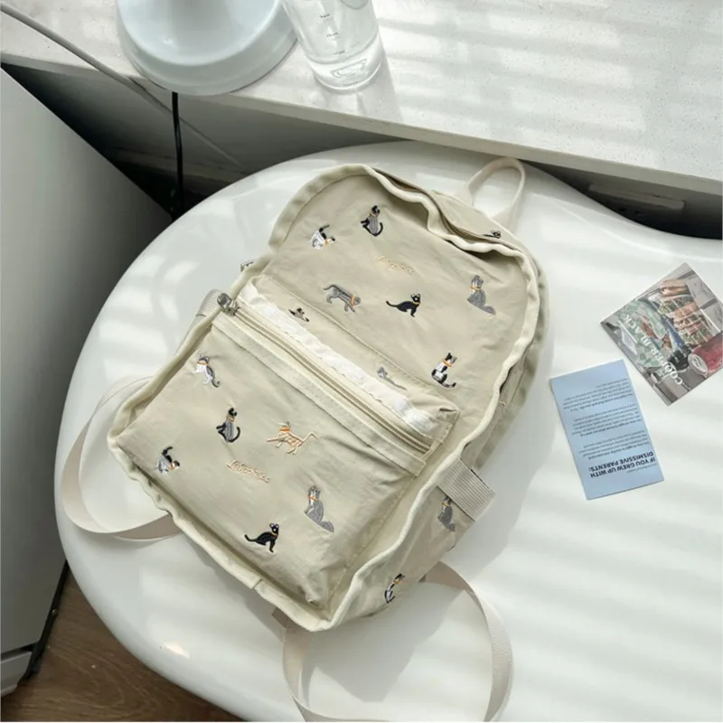 달콤한 귀여운 수 놓은 고양이 배낭 여성 카키 대용량 경량 데이 팟 여성용 일상 통근 다목적 Mochilas Mujer