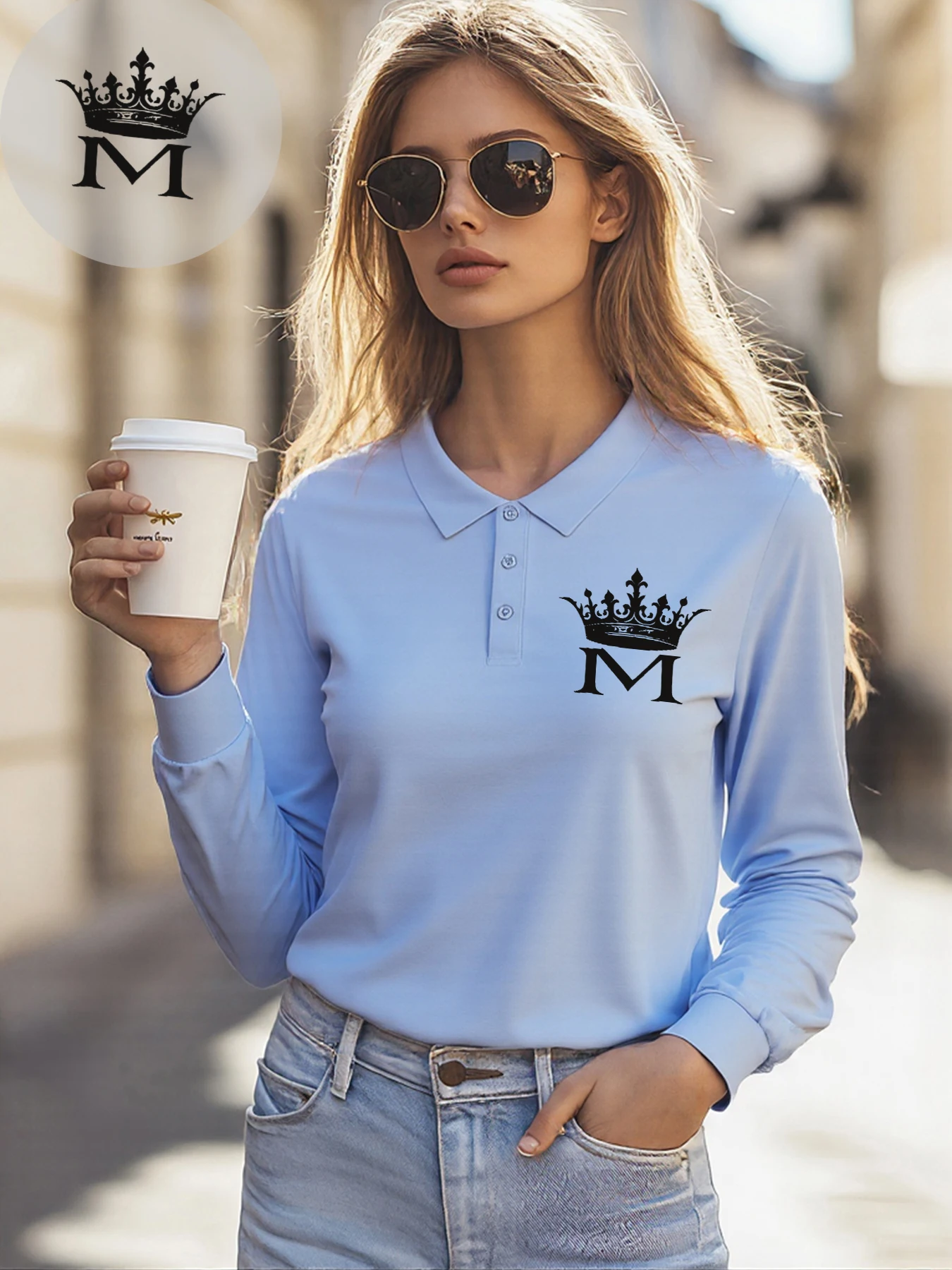 

Рубашка-поло с простой узором и буквой Короны M, женские футболки с лацканами Y2K, удобная деловая универсальная мягкая одежда с длинными рукавами