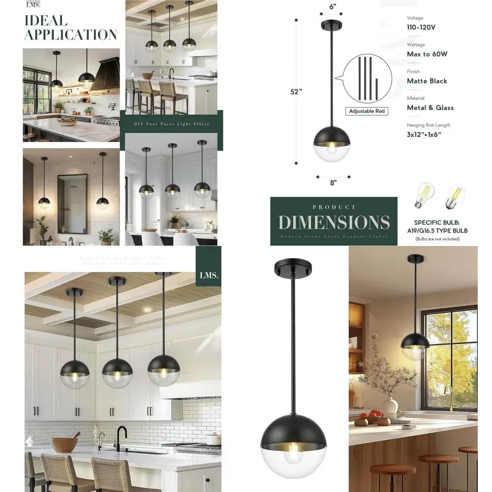 

Регулируемые матовые черные подвесные светильники для кухни, столовой и спальни