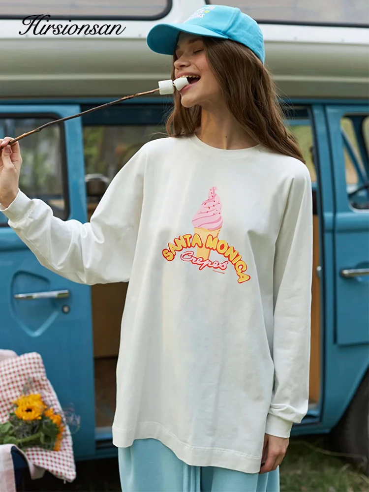 Hirsionsan Vintage Letter Graphic T-Shirts for Women Autumn Soft O-neck Long Sleeve Basic Tees Female Casual Loose Cotton Tops