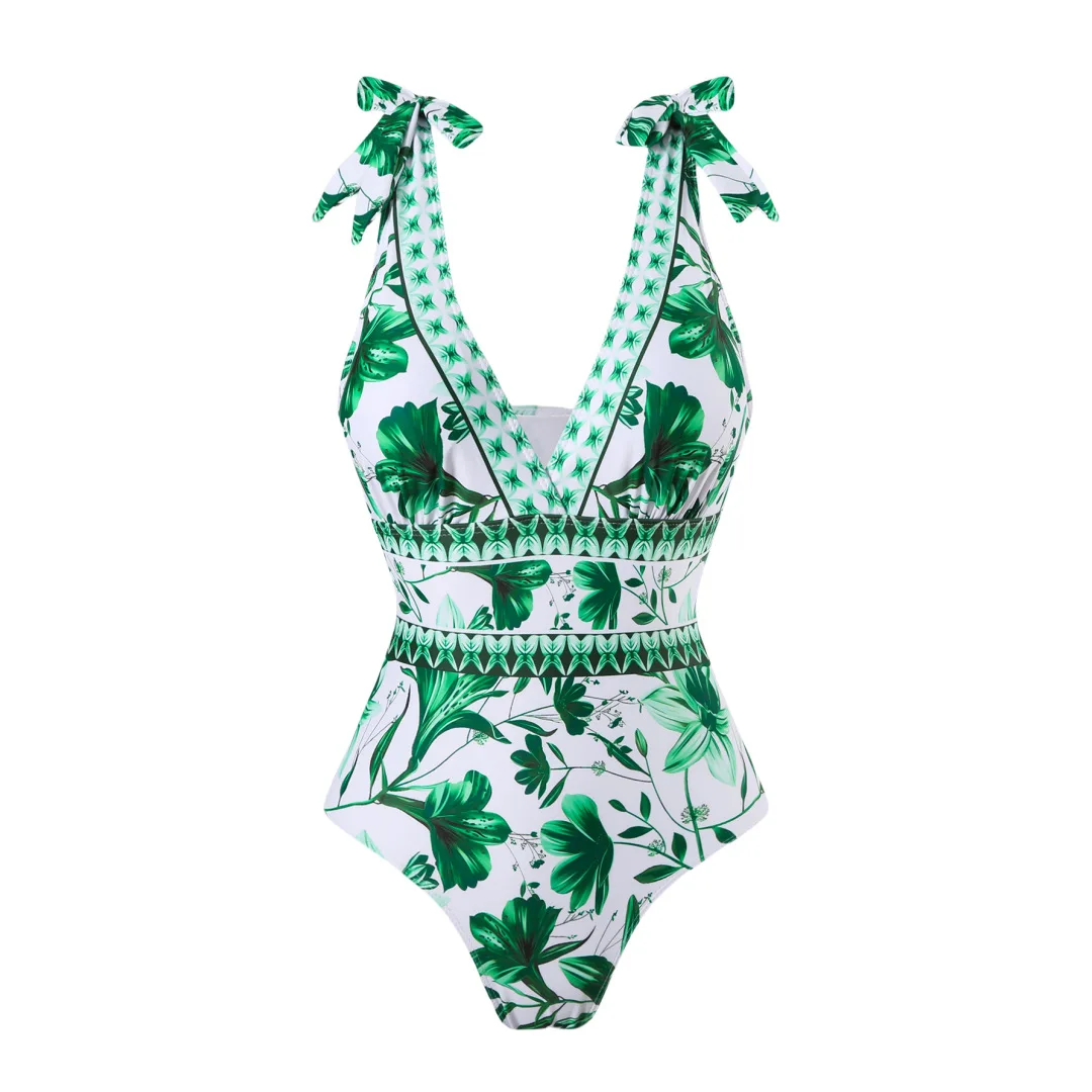 Summer Bohemian Style One Piece Swimsuit with Irregular Shoulder Straps Floral Print Beach Vacation Dress for Women
