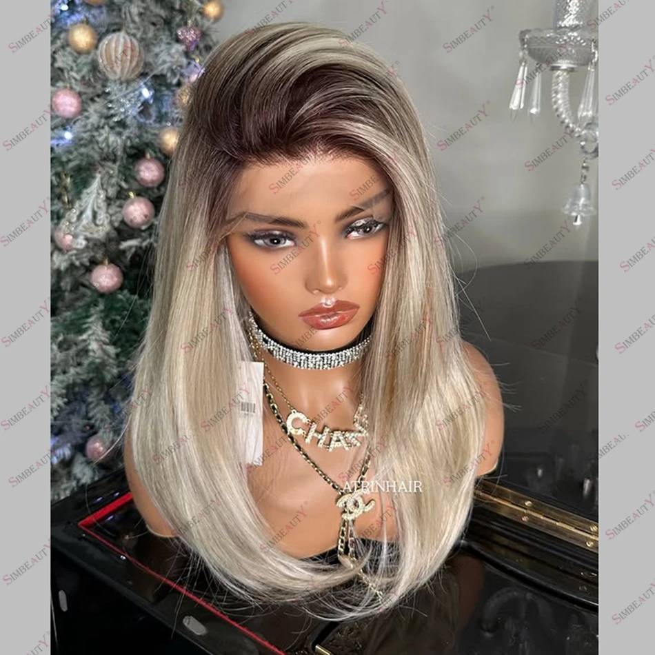 

Шелковистые прямые женские парики из натуральных волос, полностью на кружевной основе, платиновый блонд с коричневыми корнями, омбре-блонд, 13x6, с кружевной передней частью, свободная линия роста волос