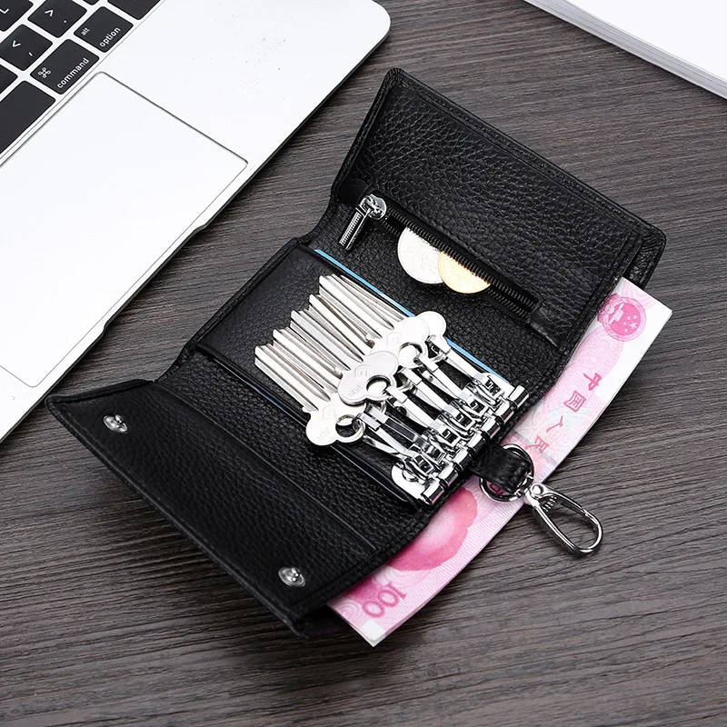 Leather key case, multi-functional three-fold wallet for men and women, cowhide coin pocket, short wallet