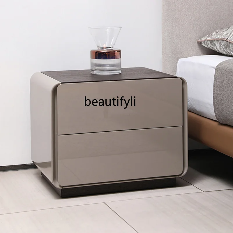 Italian Minimalist Solid Wood Lacquered Bedside Table Modern Simple Bedroom Nightstand Creative Chest of Drawers