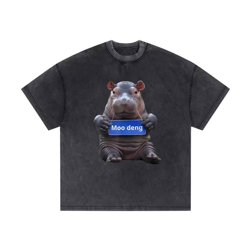 

Washed Vintage Baby Pygmy Hippo Moo Deng Funny Meme Tshirt Men's Women's Clothing Men Cotton Casual Oversized Short Sleeve Tees