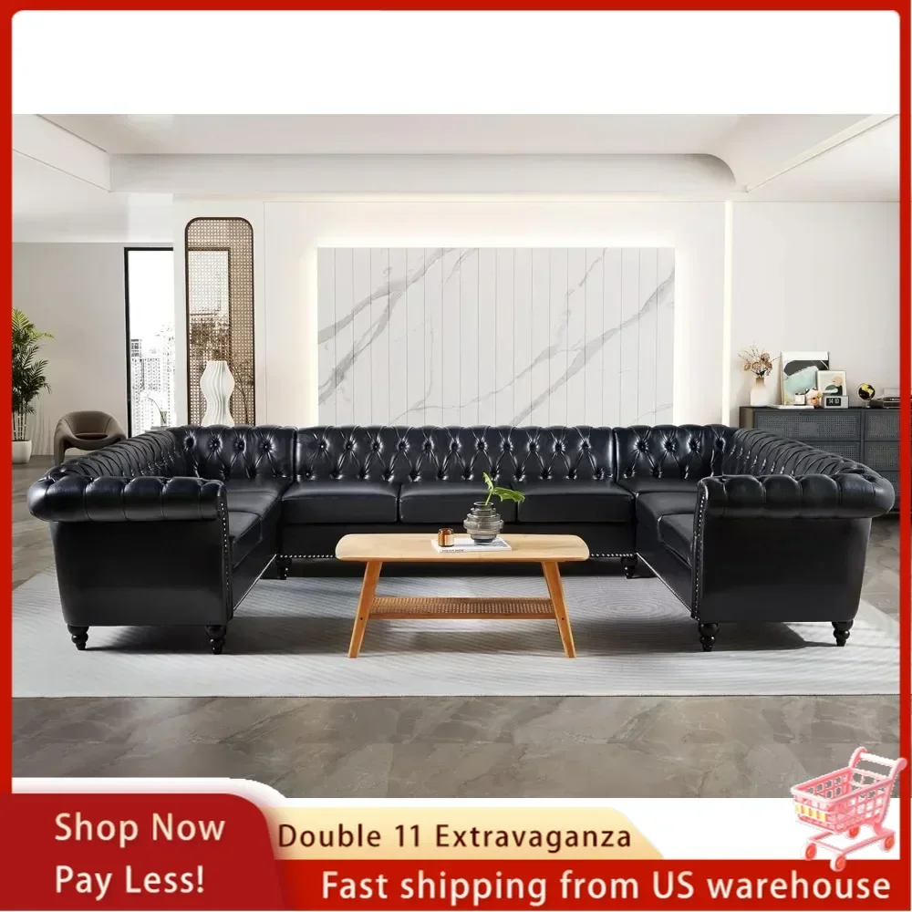 

U-Shaped Sofa Sectional Leather Faux Couch 9-Seater Upholstered Large Accent Tufted Sofa with Rolled Armrest and Nailhead Design