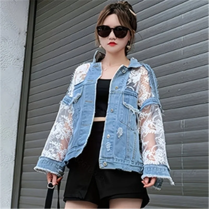 High Quality Hollow Out Mesh Embroidery Lace Patchwork Blue Short Jeans Jacket Lapel Long Sleeve Frayed Burrs Hole Denim Jacket
