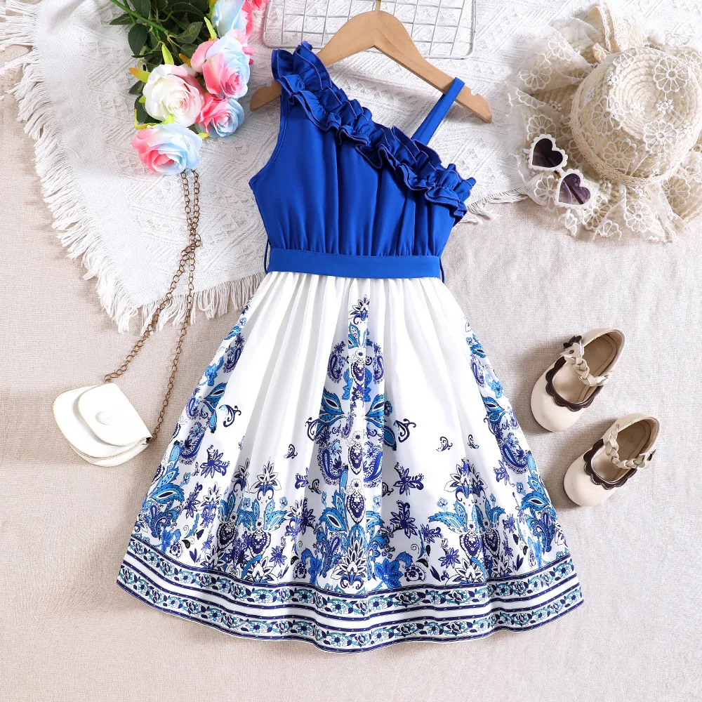 2025 New Arrival Girls Sleeveless Ruffles Sashes Print Floral Blue Night Party Princess Girls Dress Custume 2-7T