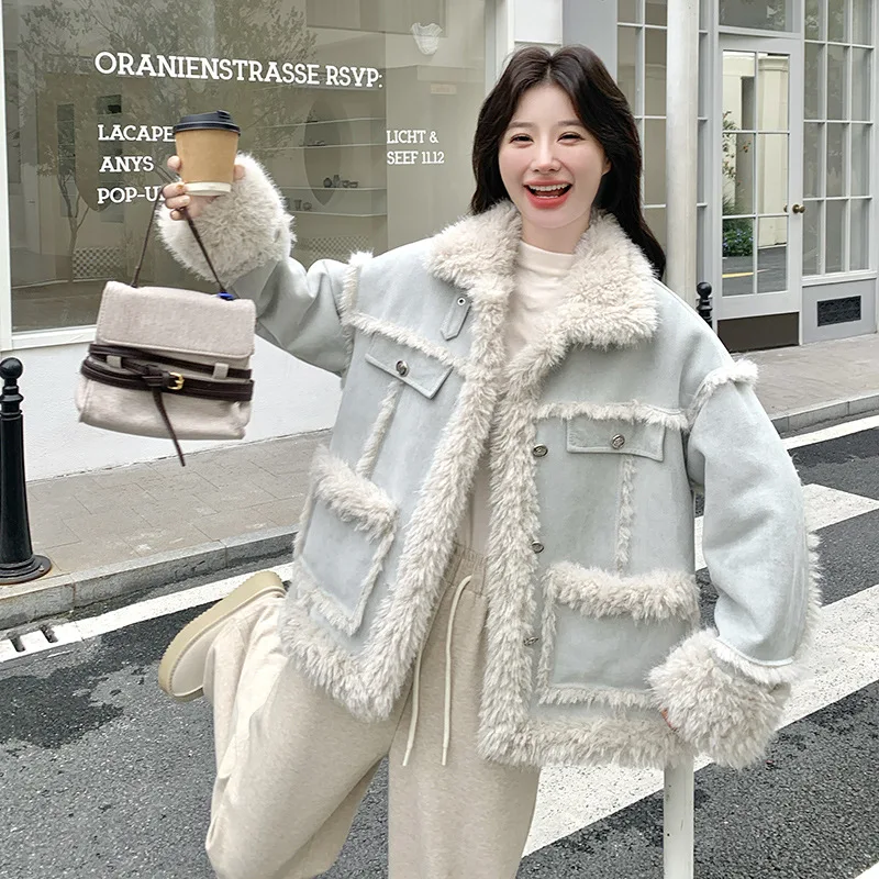 フェイクファーコート ライトブルー パッチワーク ラムウール 冬用ファー ジャケット フリース裏地付き レディース服 厚手 レザーファー ジャケット