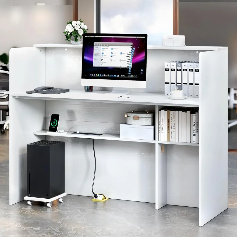 Reception Desk with LED Lights, 55'' Retail Counter Modern with Storage Shelves and Cable Grommet, Front Table, Salon